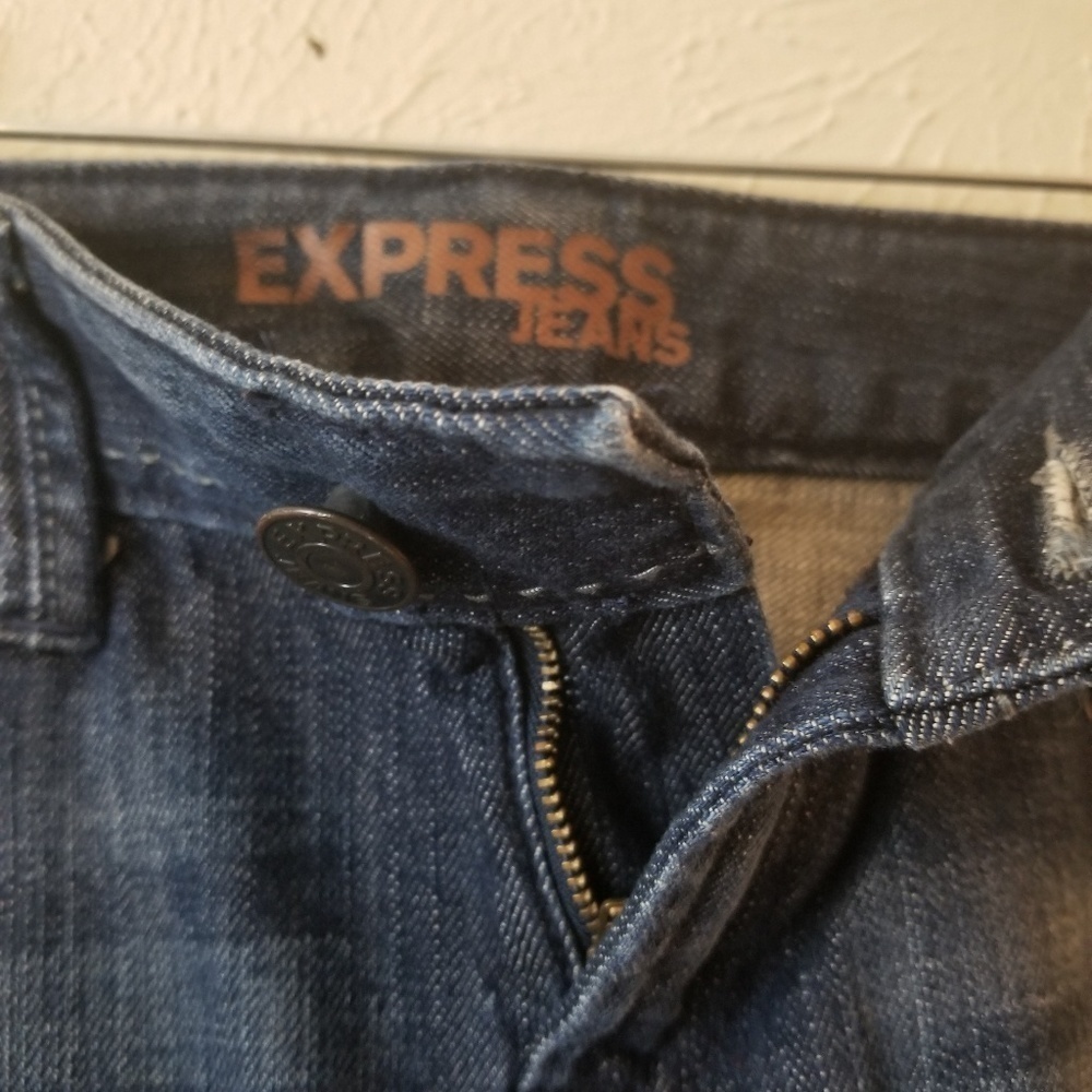 Express Dark Wash Rhinestone Bling Denim Micro Mini Skirt Raw Hem Y2K - Picture 8 of 9